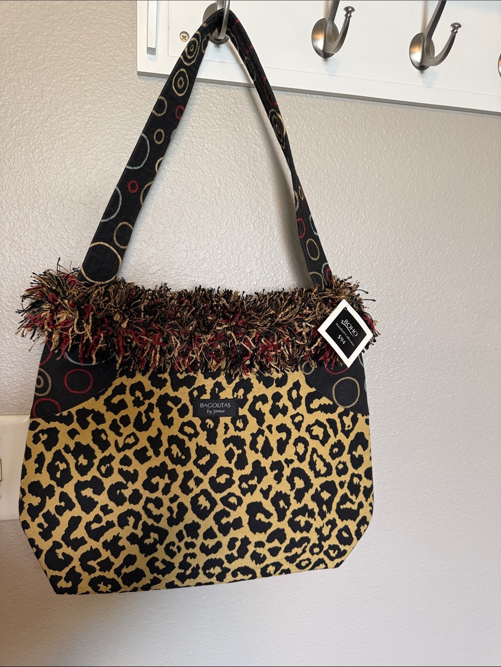 Leopard-Print Shoulder Bag with Fringe Trim - Brown/Black